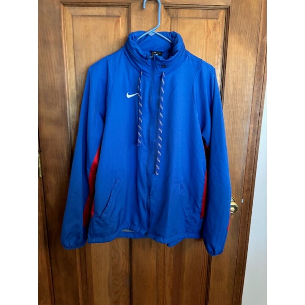 Nike Dri-Fit Zipper Up Jacket Blue with Red Trim Size Large with hide away hood